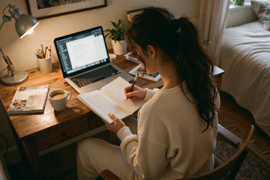 senti journaling at her desk with coffee