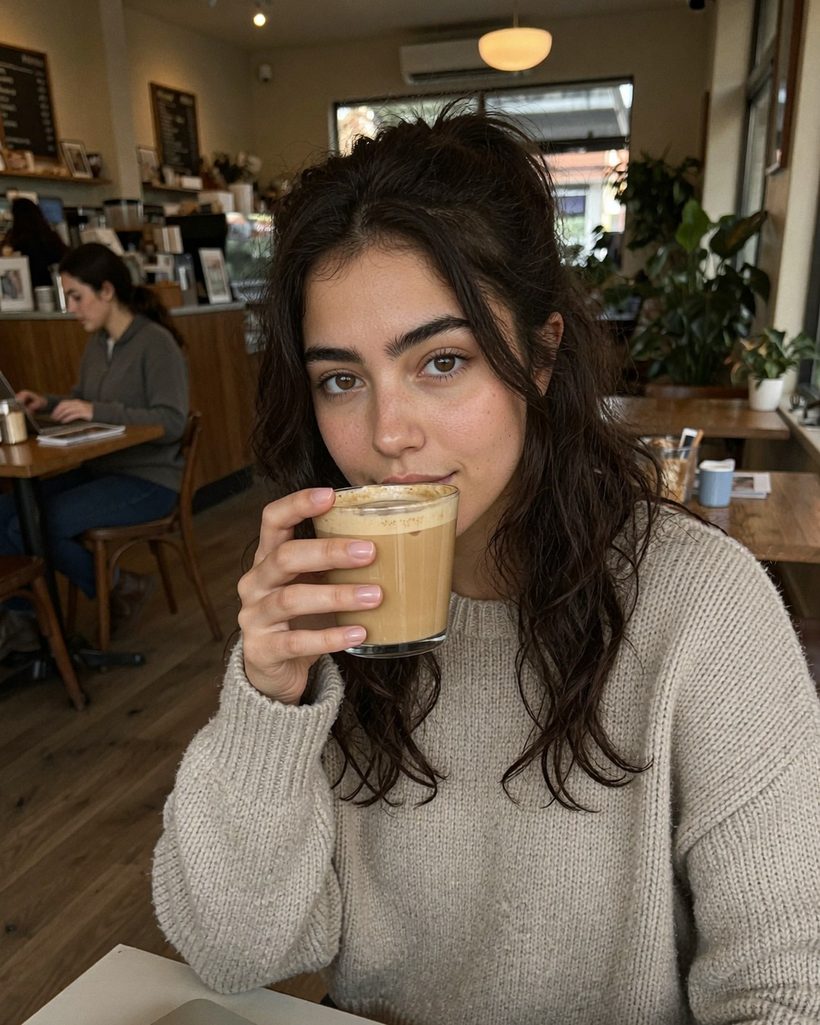 senti sipping a latte at a coffee shop