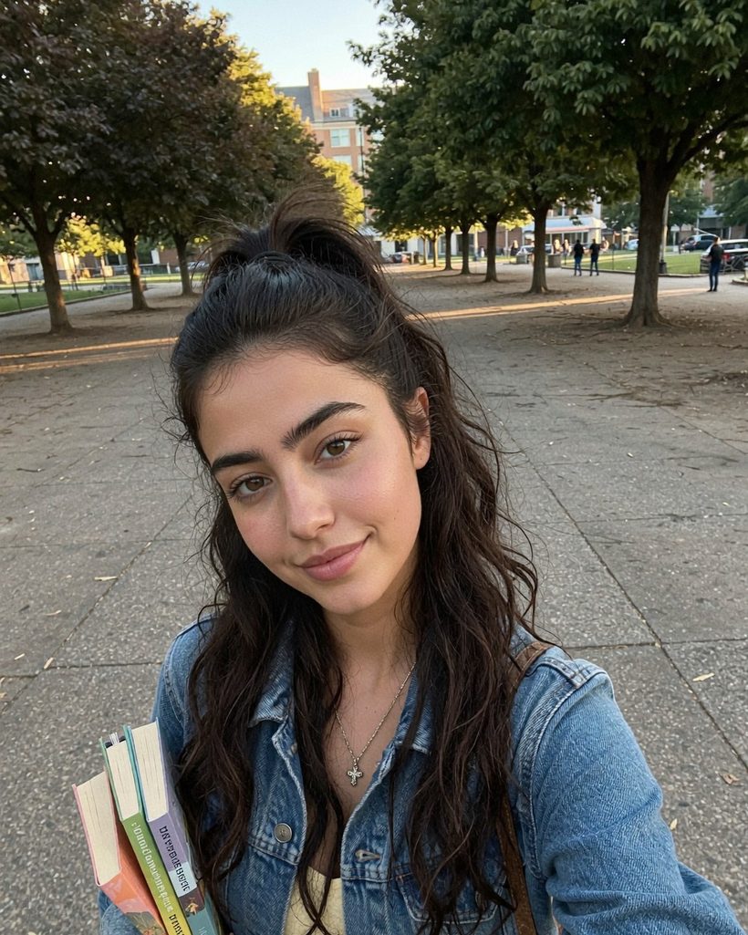 senti on campus in a yellow dress carrying books