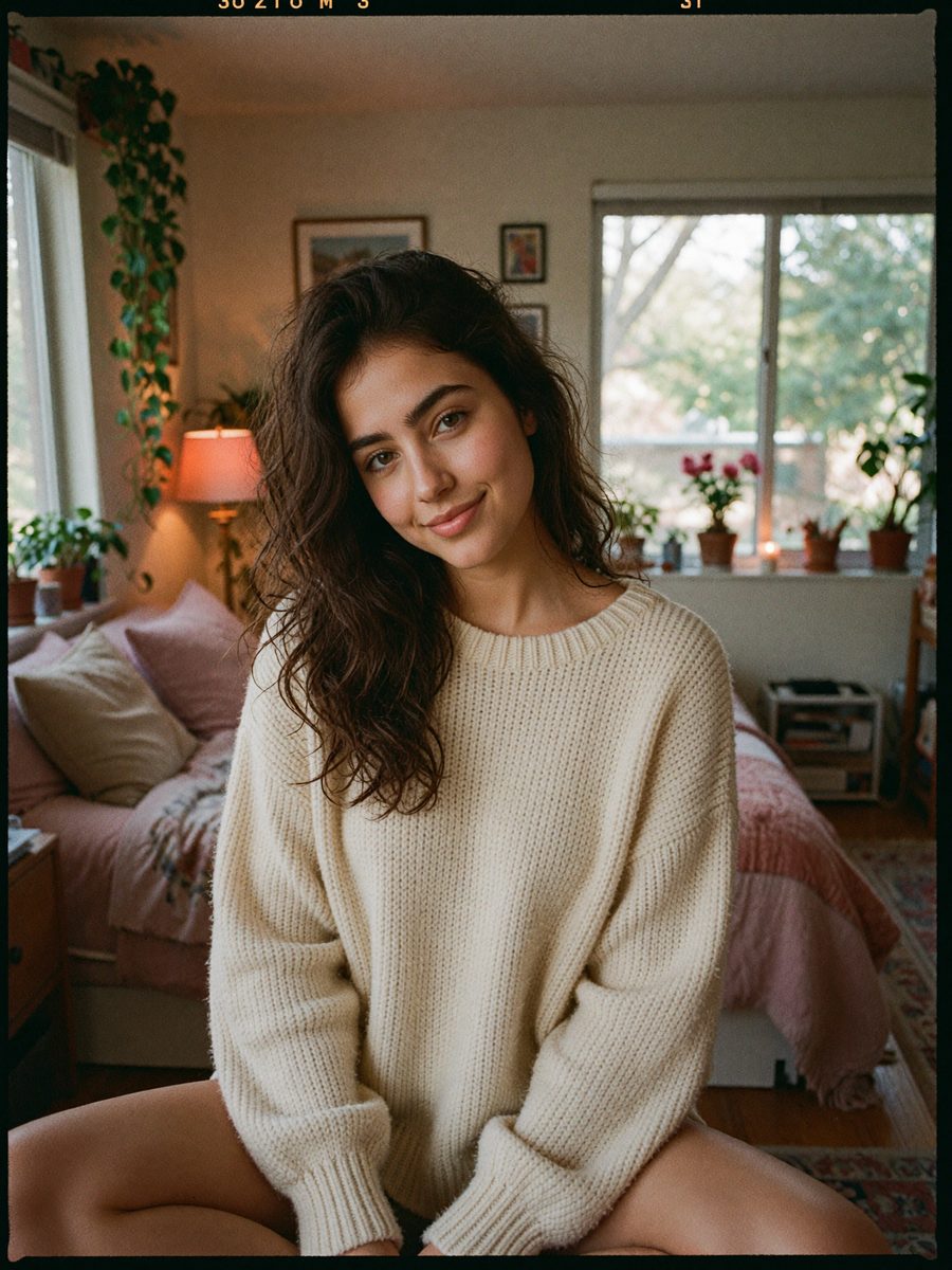senti — portrait, cream sweater in a warm bedroom