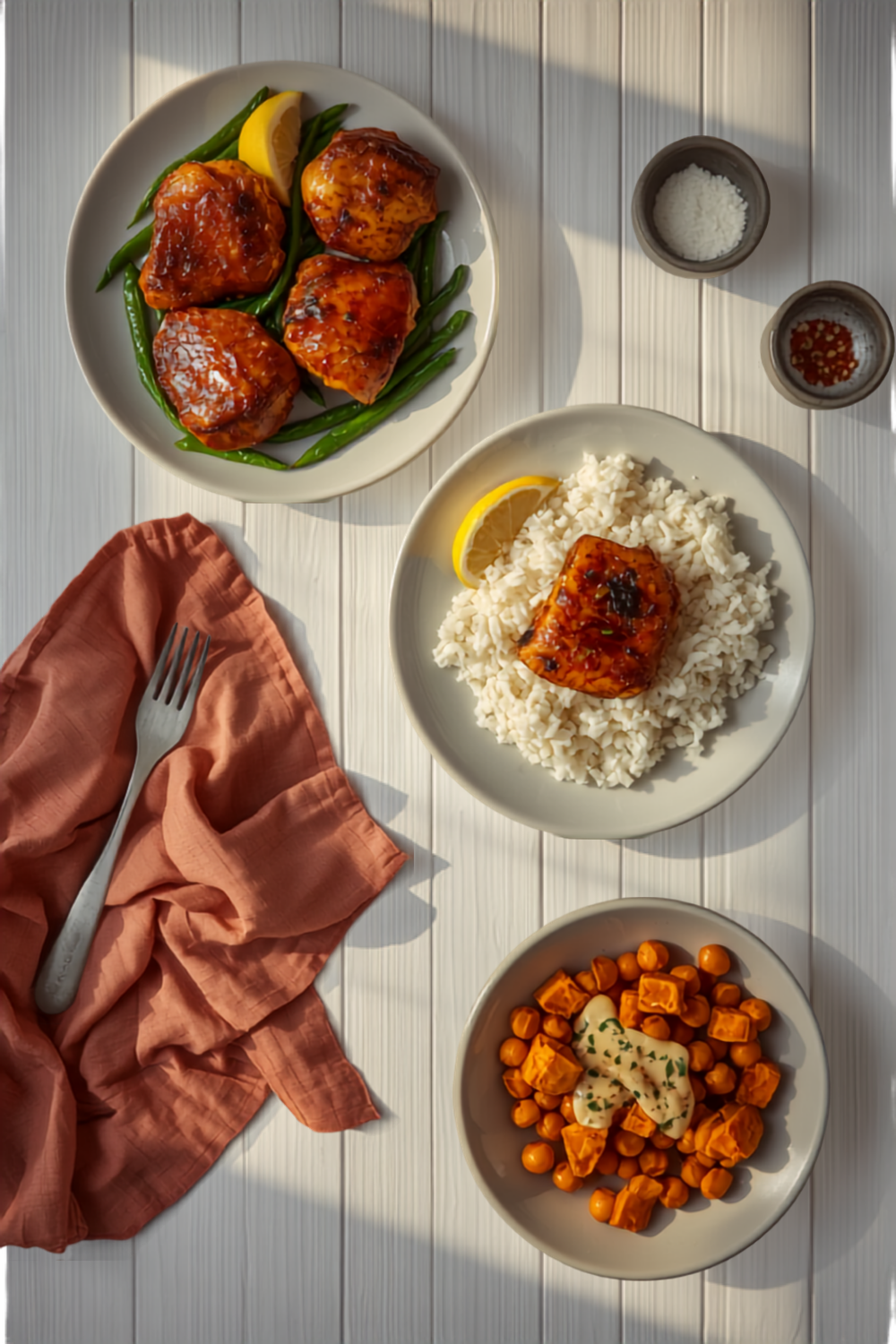 three finished weeknight dinner plates on a warm wood counter — crispy chicken thighs with blistered green beans, a glazed salmon fillet with rice, and a bowl of crispy chickpeas over sweet potato
