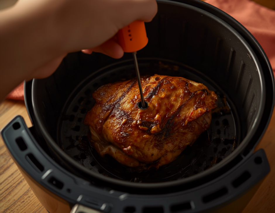 a hand holding a small orange instant-read thermometer with its thin probe pushed into a glazed browned chicken thigh resting in a round air fryer basket