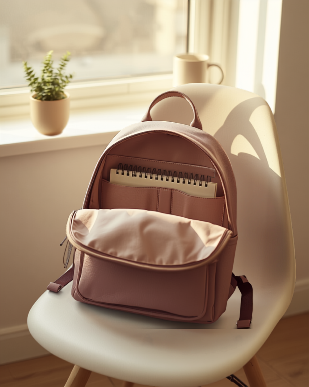 a soft mauve-lilac backpack open on a chair by a sunny window, a spiral notebook tucked into the interior organizer pocket