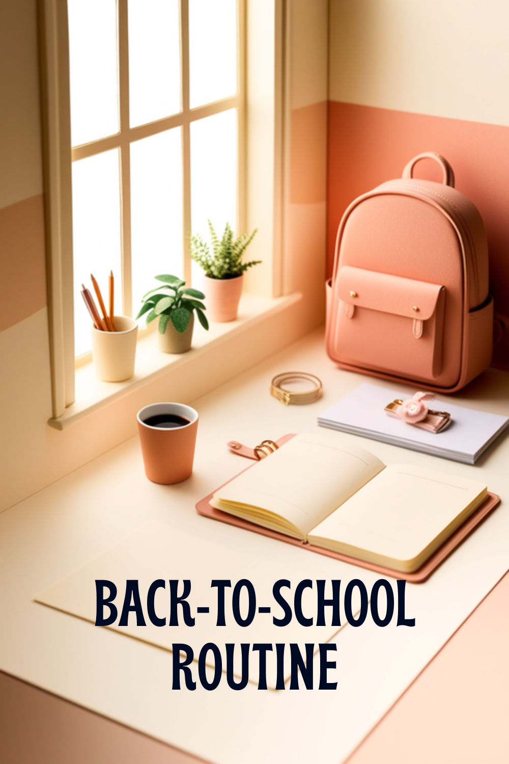 a calm tidy desk by a sunny window with an open planner, coffee, a plant and a backpack