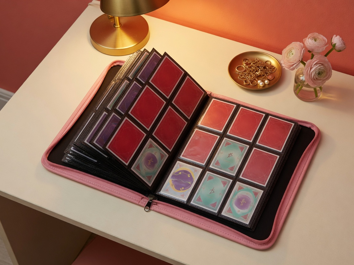 pink zip 9-pocket card binder open on a coral apartment desk, sleeved cards in side-loading pockets, jewelry dish and flowers nearby