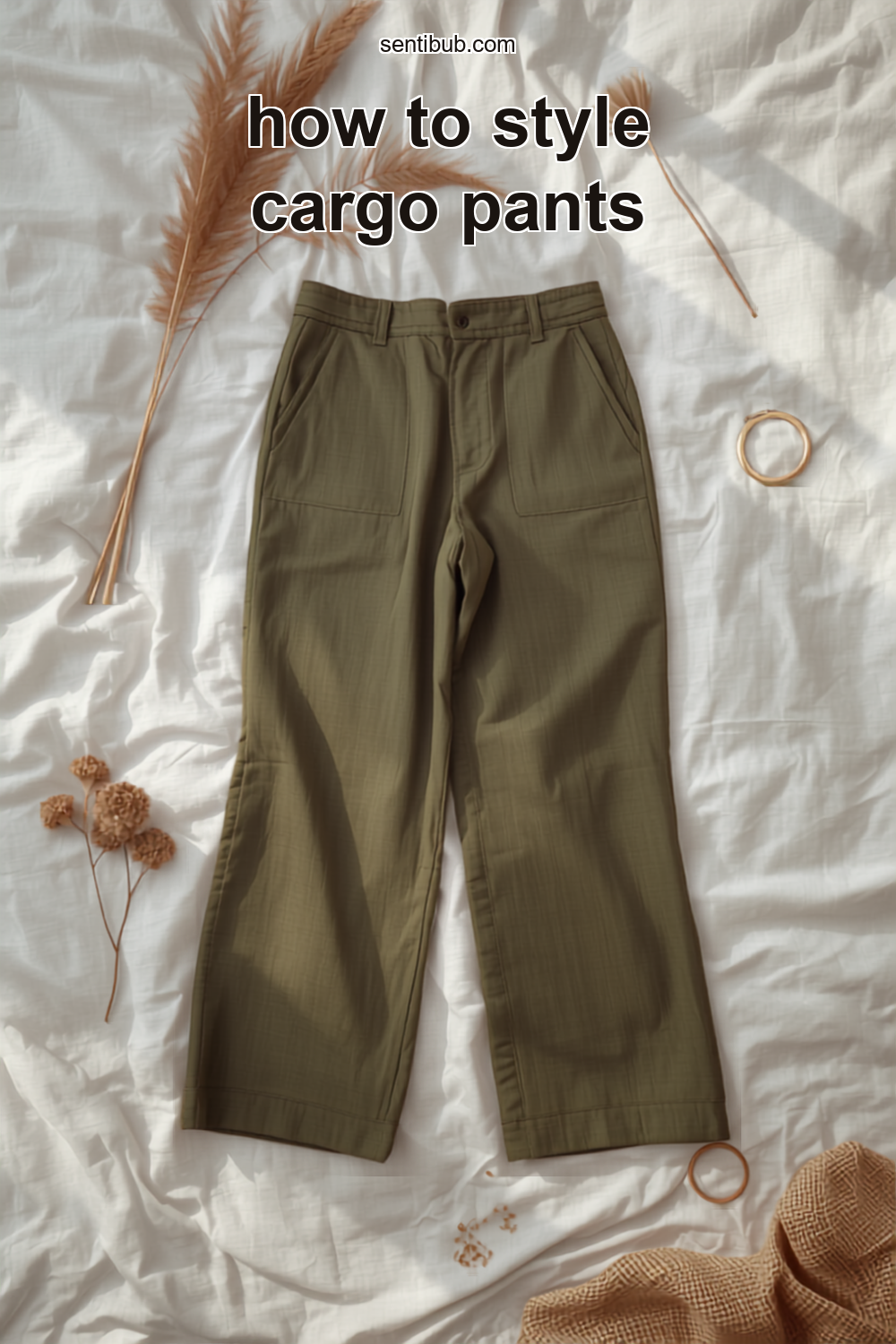 olive green wide-leg cargo pants laid flat on white linen with dried coral pampas grass, gold hoops and a raffia bag
