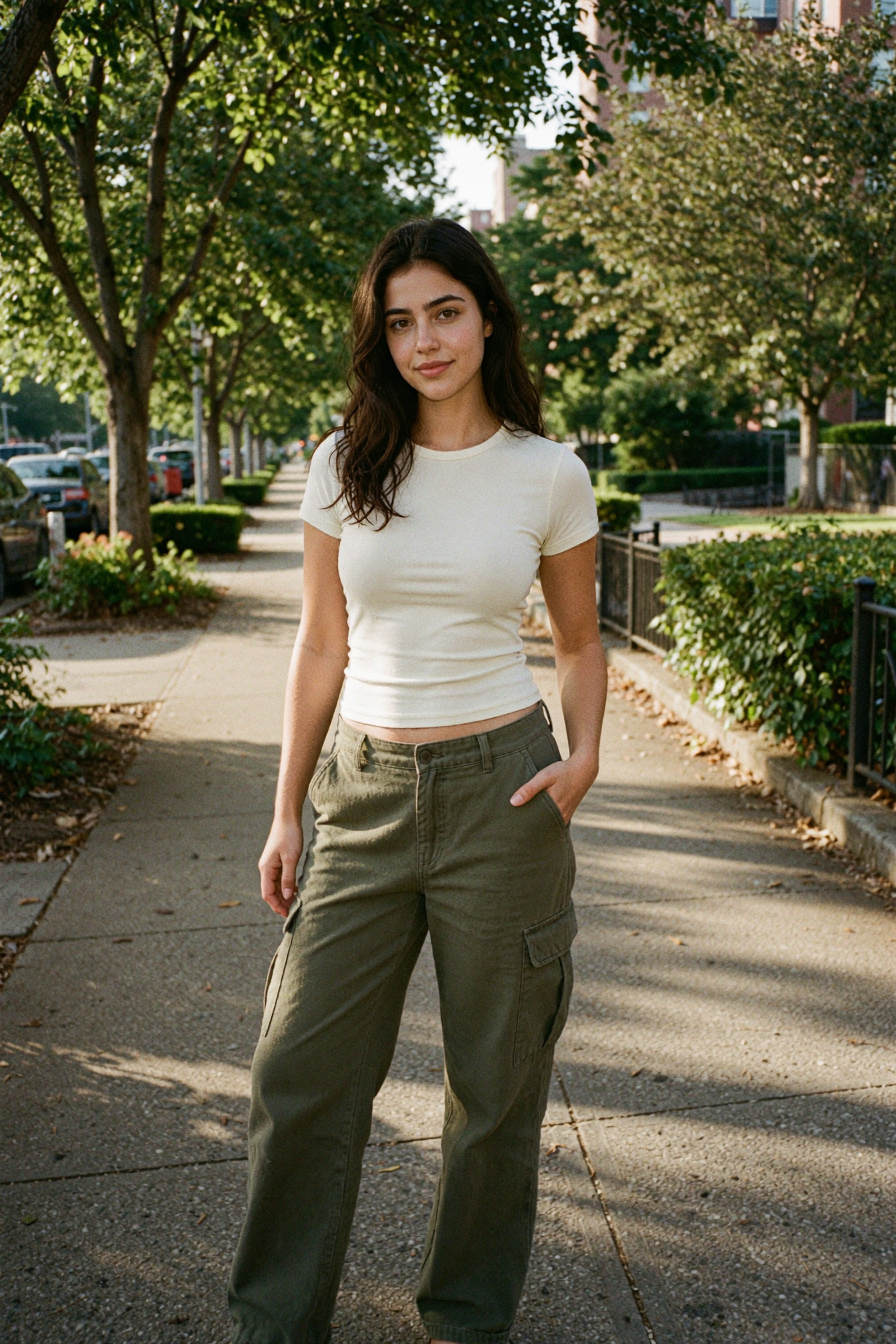 senti wearing olive green wide-leg cargo pants with a fitted cream cropped tee, one hand in a hip pocket, on a tree-lined sidewalk in warm late afternoon light