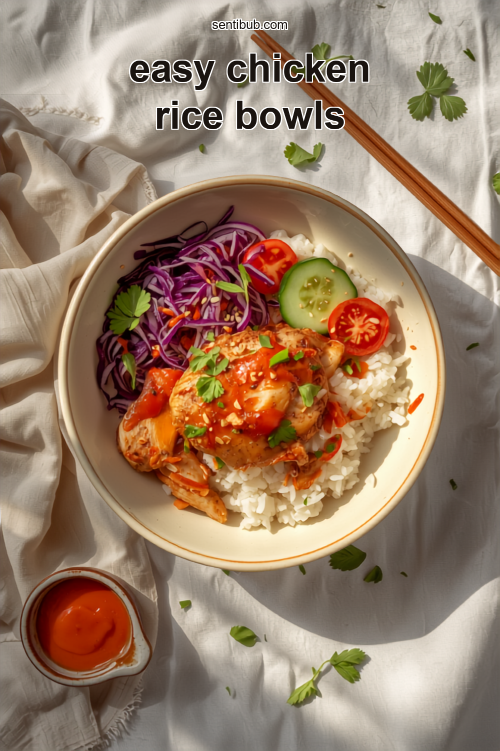 a chicken rice bowl with white rice, seared chicken, coral sriracha sauce, red cabbage, cucumber and cherry tomatoes