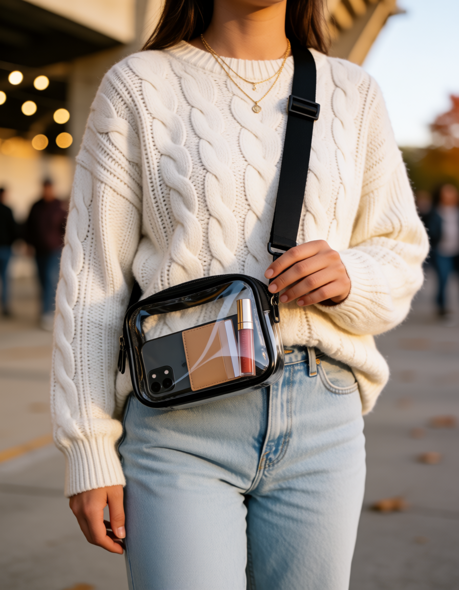 clear crossbody stadium bag with black trim worn over a cream knit sweater and jeans