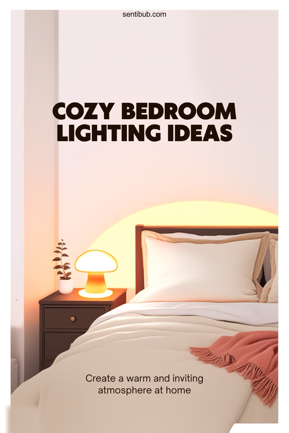 a glowing mushroom table lamp on a nightstand at dusk with an amber sunset glow on the wall and a coral throw blanket
