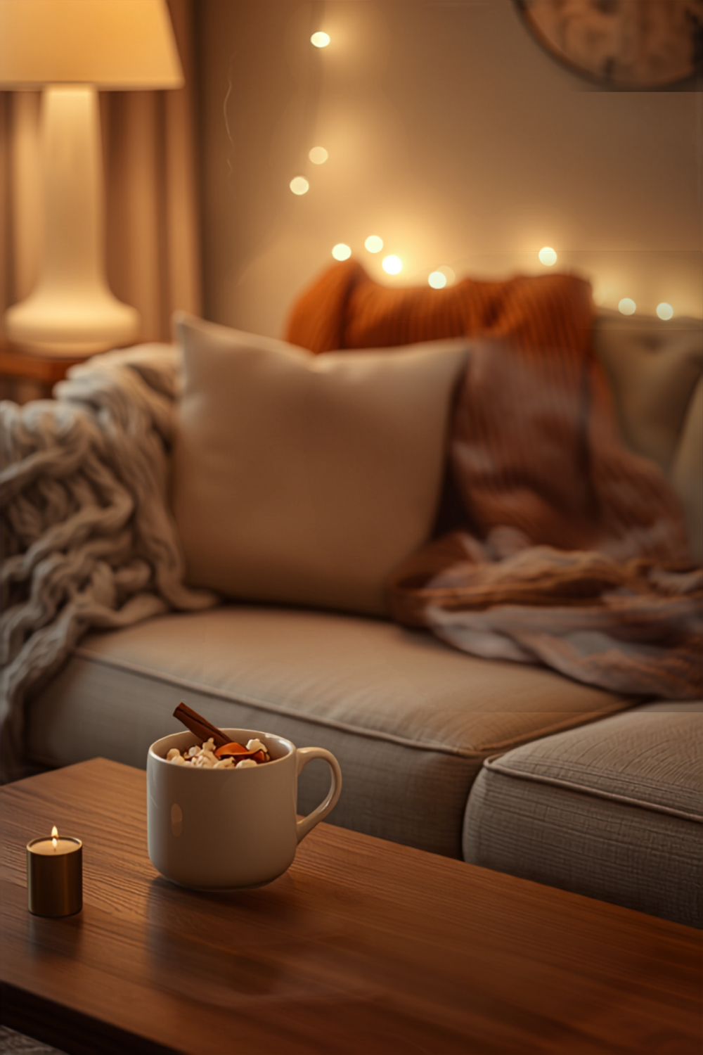 a dim living room lit by one warm lamp and string lights, with a mug of spiced cider, a big bowl of popcorn and a folded knit throw on the couch