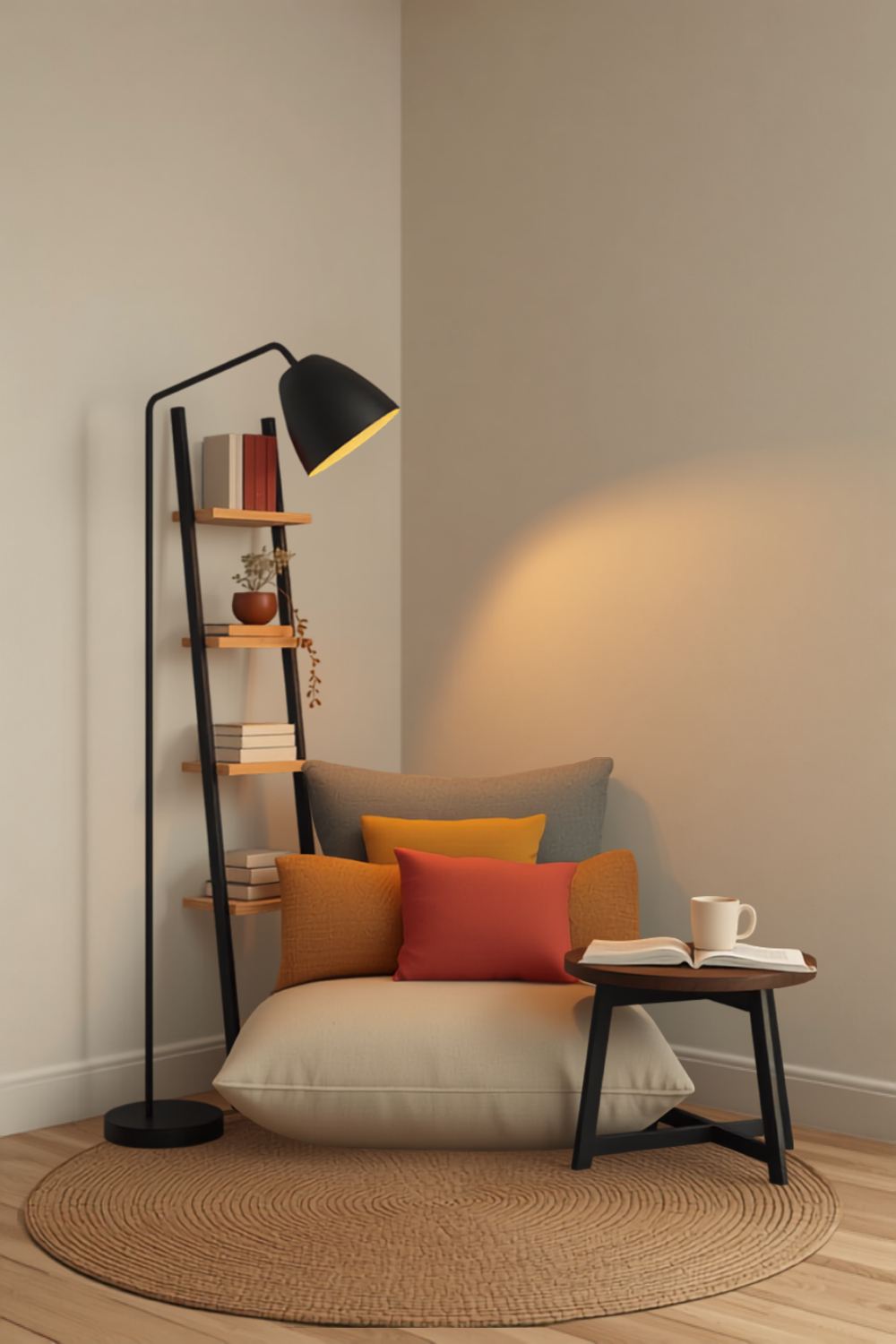 a cozy reading nook corner with a cream floor cushion and backrest pillow, a tall shelf lamp glowing warm with books on its tiers, and a small wood side table with a mug on top