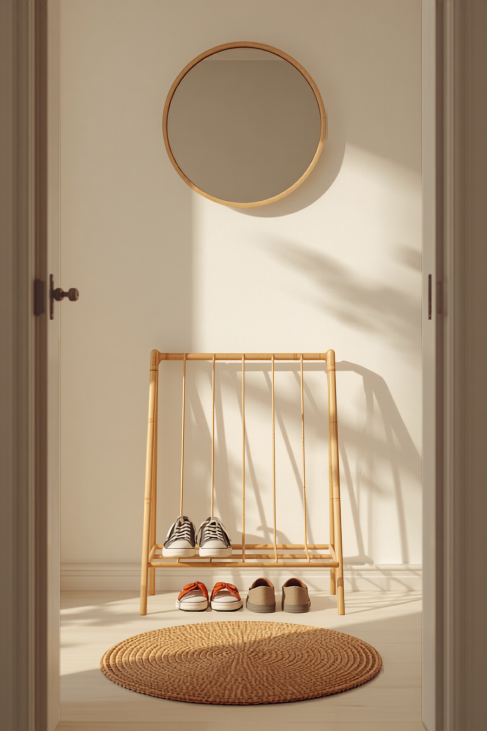 a tidy small entryway with a natural bamboo shoe rack against the wall, sneakers and sandals lined up neatly, and a basket by the door