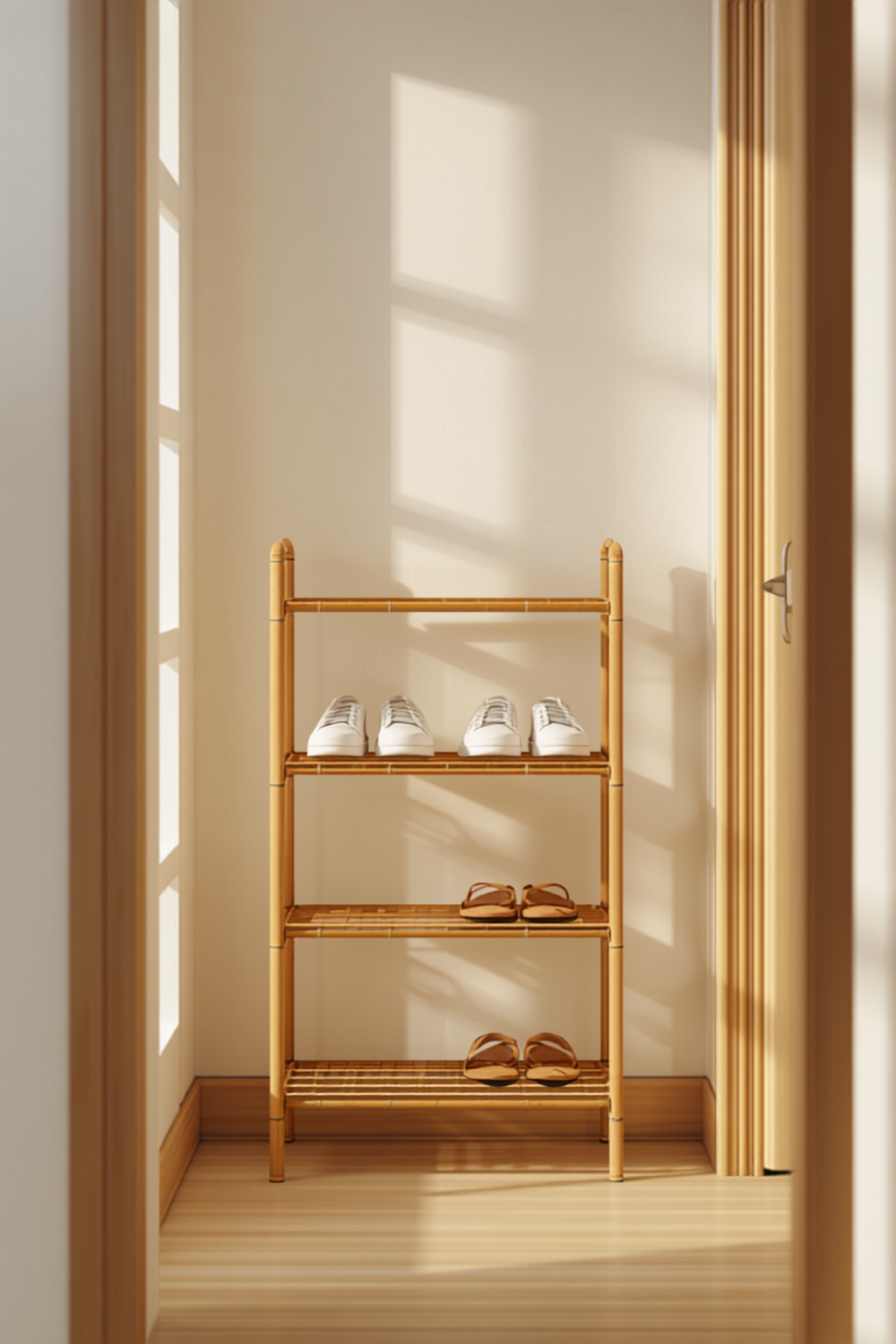 a natural bamboo four-tier shoe rack against an entryway wall holding neatly lined-up sneakers, sandals and flats