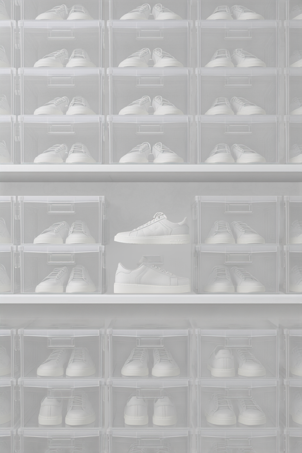 a stack of clear drop-front shoe storage boxes on a closet shelf, each holding a visible pair of shoes, with the front panels open