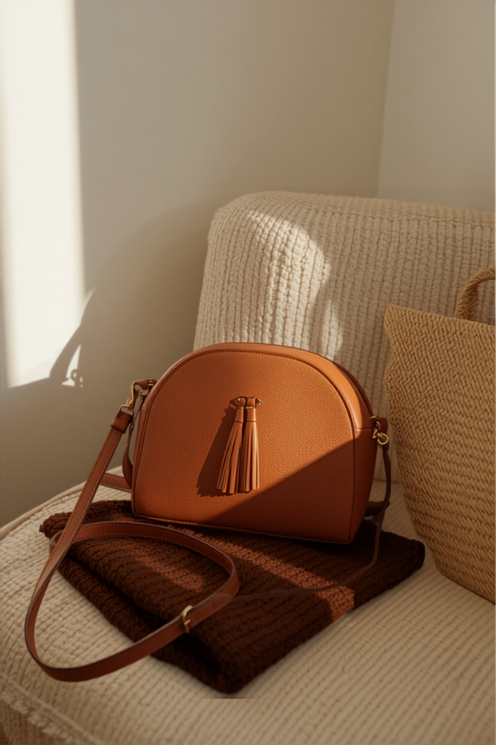 a cognac vegan-leather dome crossbody bag on a cream chair beside a folded chocolate knit and a straw tote being put away, in warm september light