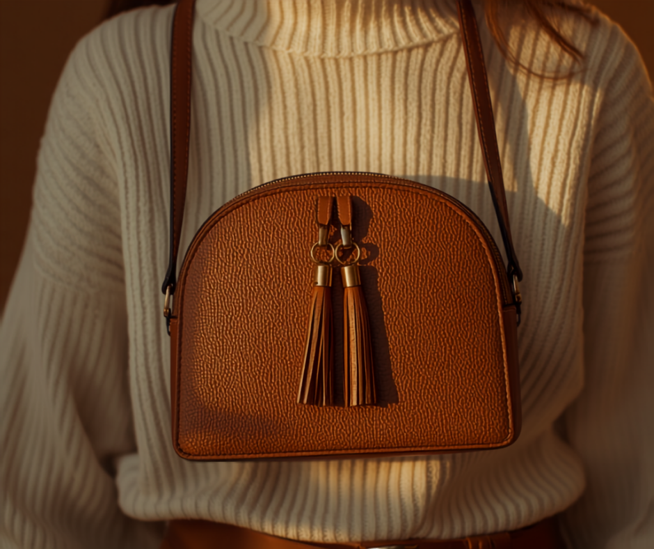 a cognac vegan-leather dome crossbody bag with two fringed leather tassels and gold hardware, worn across the body over a cream ribbed knit in warm afternoon light