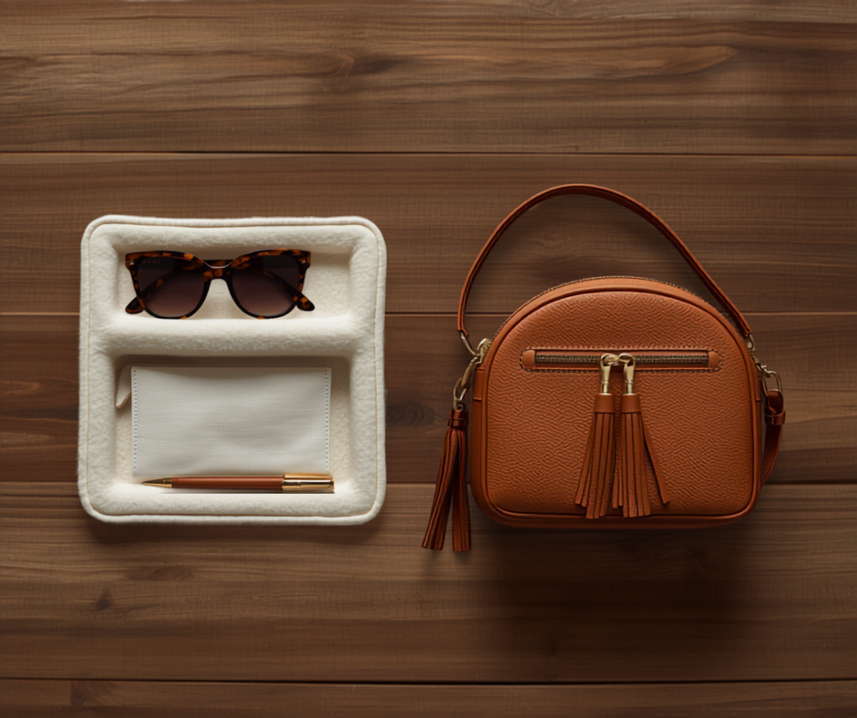 a cream felt purse organizer insert holding sunglasses, a plain pouch and a slim pen, laid flat beside a closed cognac crossbody bag with fringed tassels and gold hardware, on warm wood boards seen from above