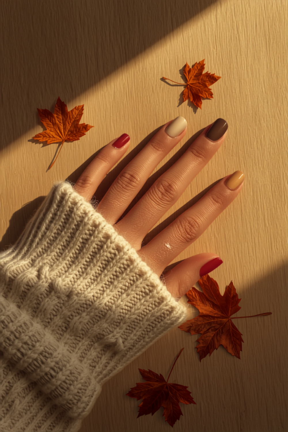 five fall nail colors shown as glossy swatches — oxblood burgundy, cinnamon brown, burnt terracotta, warm milky beige and espresso — on a hand resting on a cream knit sleeve
