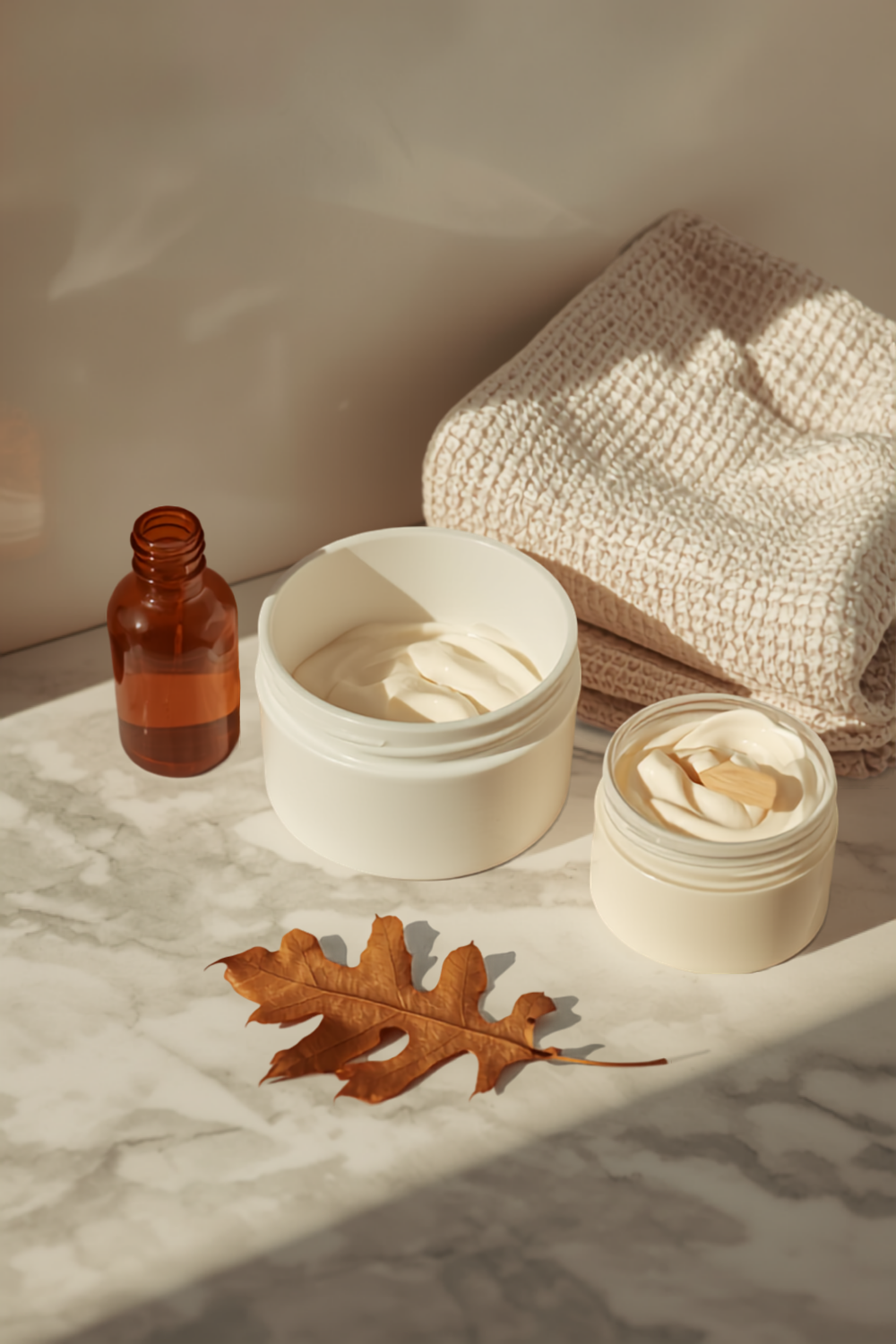 a fall skincare routine laid out on a pale marble bathroom shelf — a dropper serum bottle, a tub of ceramide cream, and a jar of overnight lip mask in soft warm morning light
