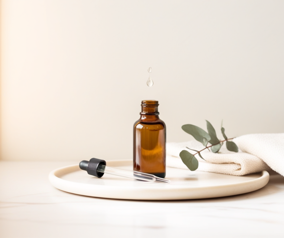 a small amber glass serum bottle open on a pale ceramic tray with its dropper pipette lying beside it, a single clear drop suspended above the bottle mouth, eucalyptus and a cream washcloth behind, in soft warm window light