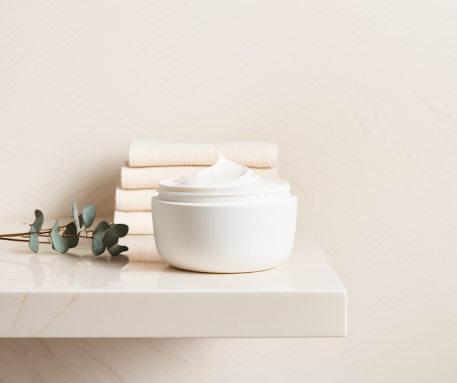 a large white tub of ceramide moisturizing cream open on a pale bathroom shelf, a swirl of thick white cream visible inside, next to stacked cream washcloths and a sprig of eucalyptus in soft warm light