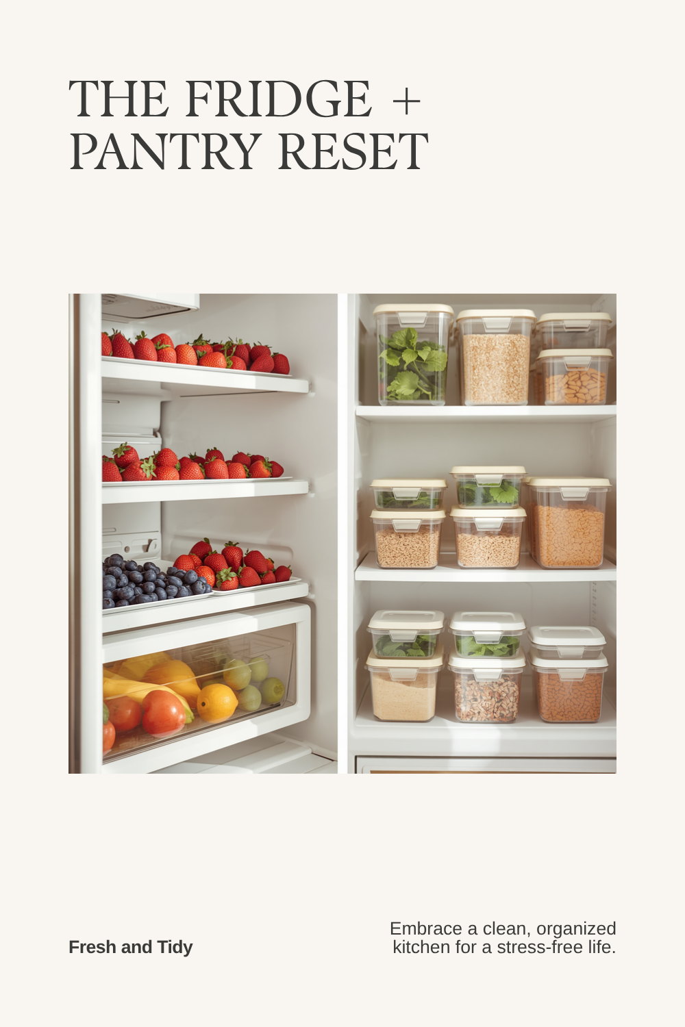 a bright fridge and pantry reset with clear stackable containers of fruit and dry goods