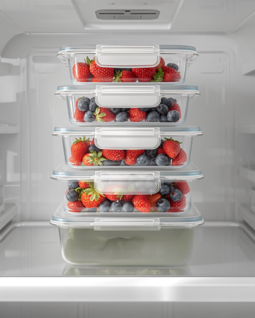 clear stackable food storage containers with latching lids holding prepped berries, greens and leftovers, arranged neatly on a bright fridge shelf