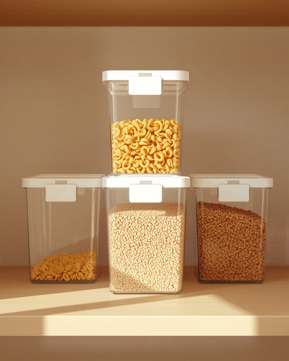 clear pantry bins with front pull handles holding pasta and grains, stacked neatly on a warm wood pantry shelf