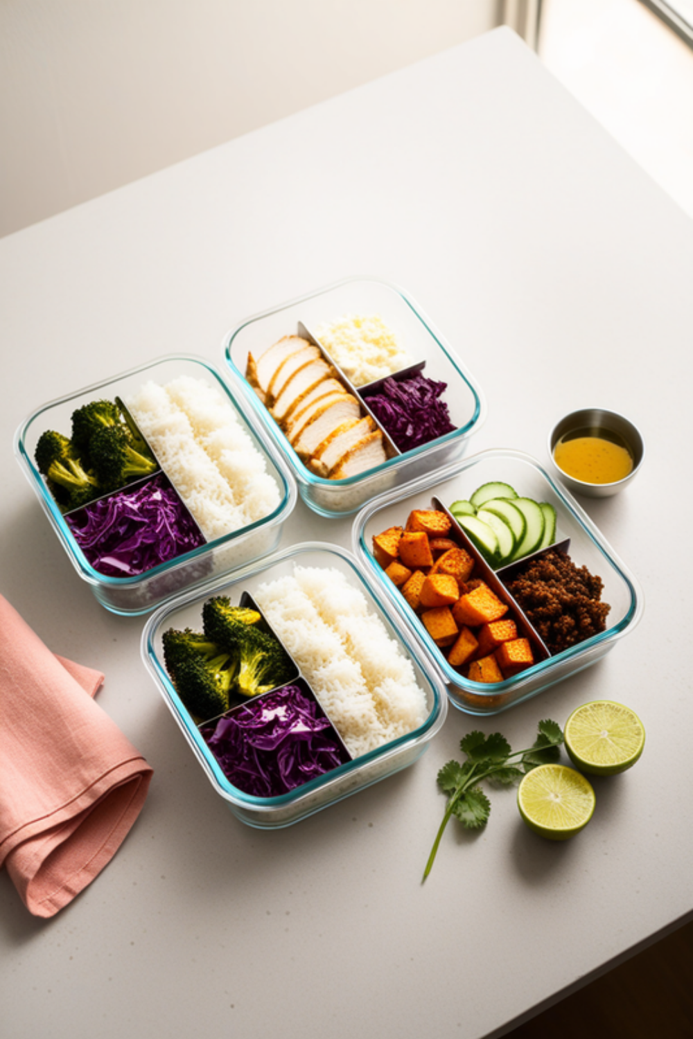 four packed glass meal prep lunches in 3-compartment glass containers on a light counter — rice with glazed chicken and roasted broccoli, a red cabbage crunch bowl, and a chipotle sweet potato and black bean bowl