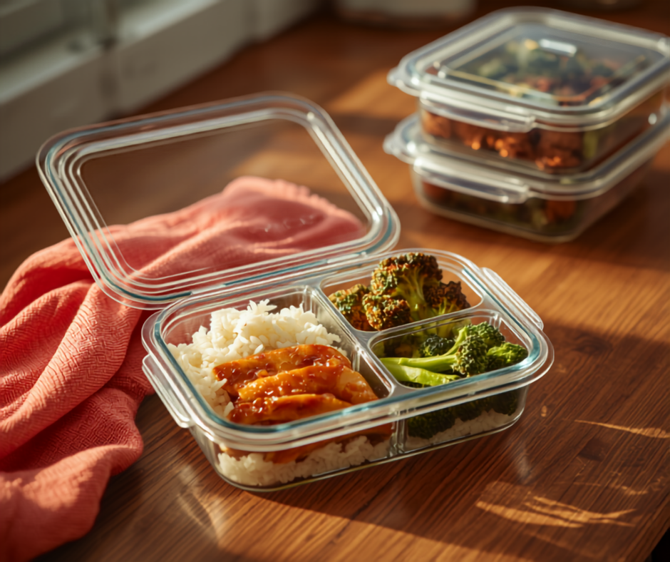an open 3-compartment glass meal prep container on a warm wood counter, filled with jasmine rice in the large section and glazed sliced chicken and roasted broccoli in the two smaller sections, its clear snap-lock lid resting beside it