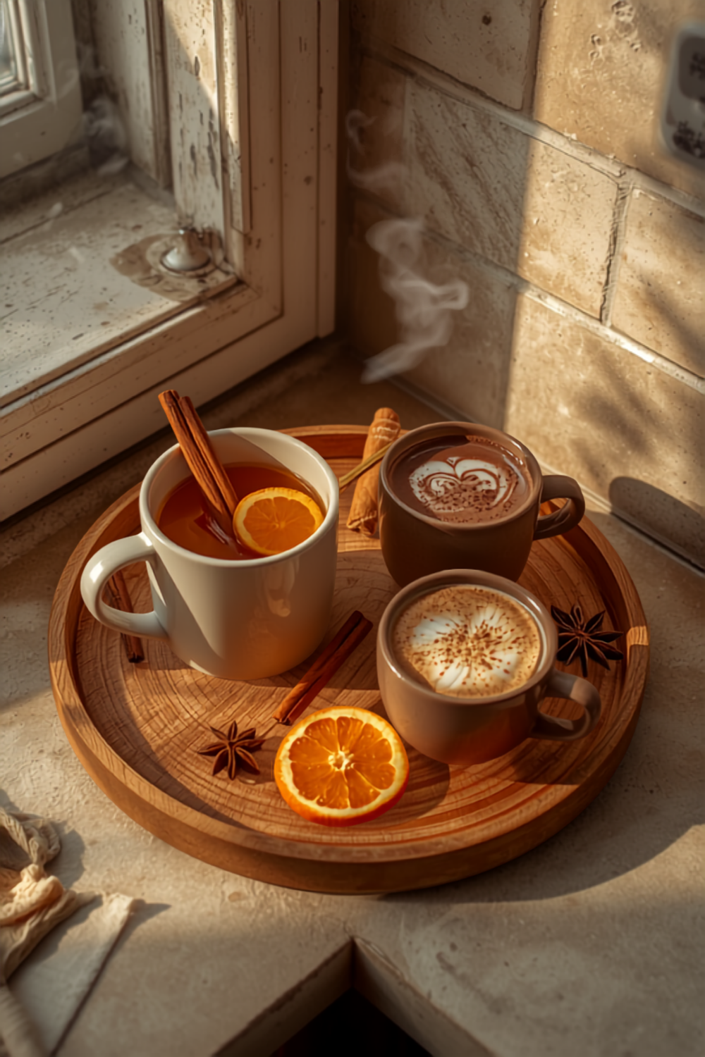 a fall drink station in the corner of a counter with mulled apple cider, dark hot cocoa and a maple latte with foam on a wooden tray in warm light