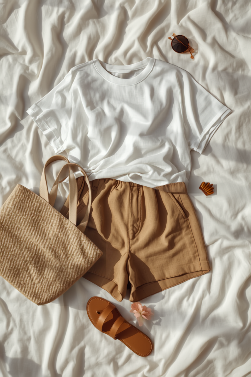 a late-summer outfit flat-lay on near-white linen — tan linen shorts, an oversized white tee, a woven tote, tan sandals and a claw clip