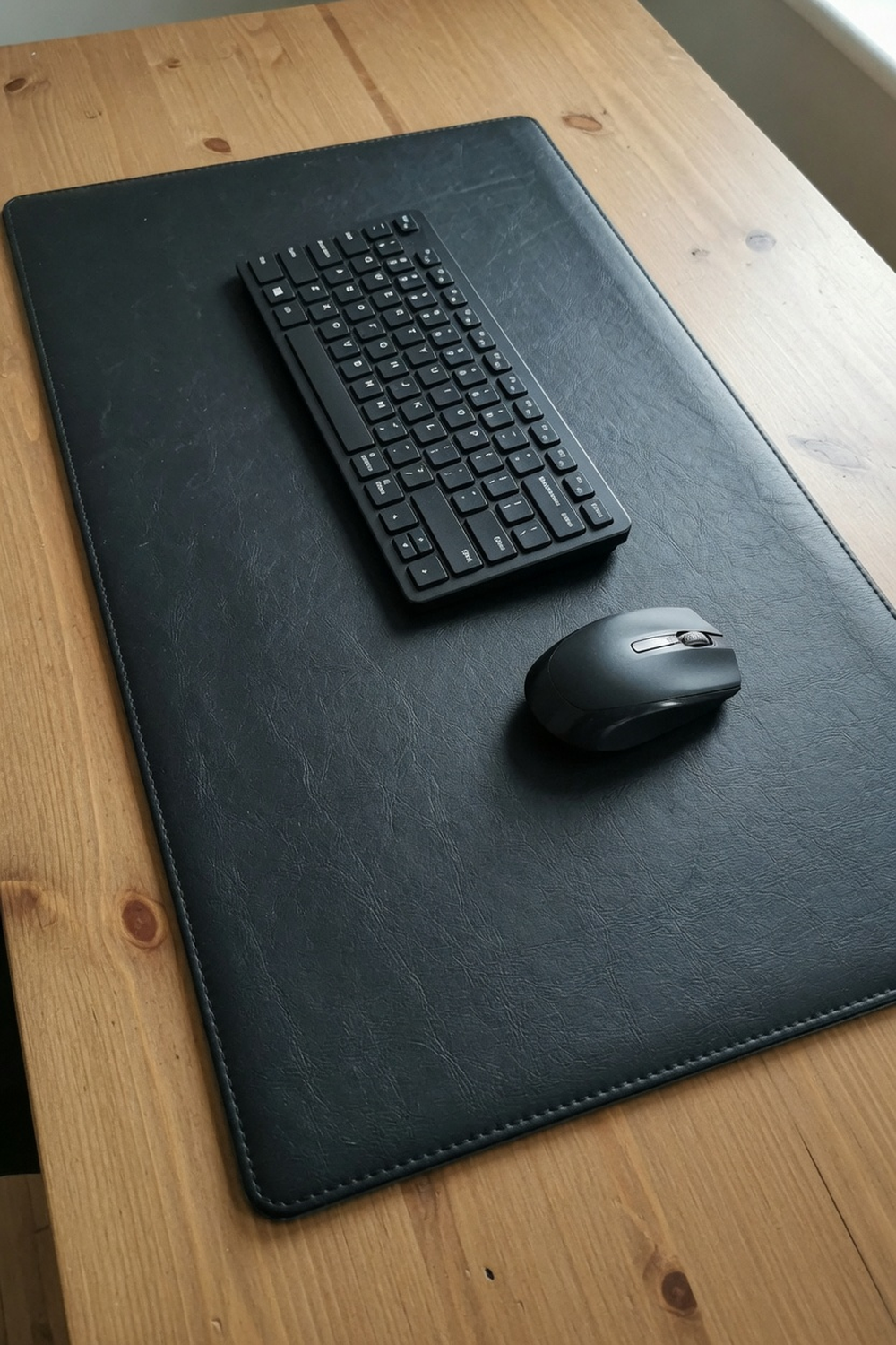 black leather desk pad on a small wood desk