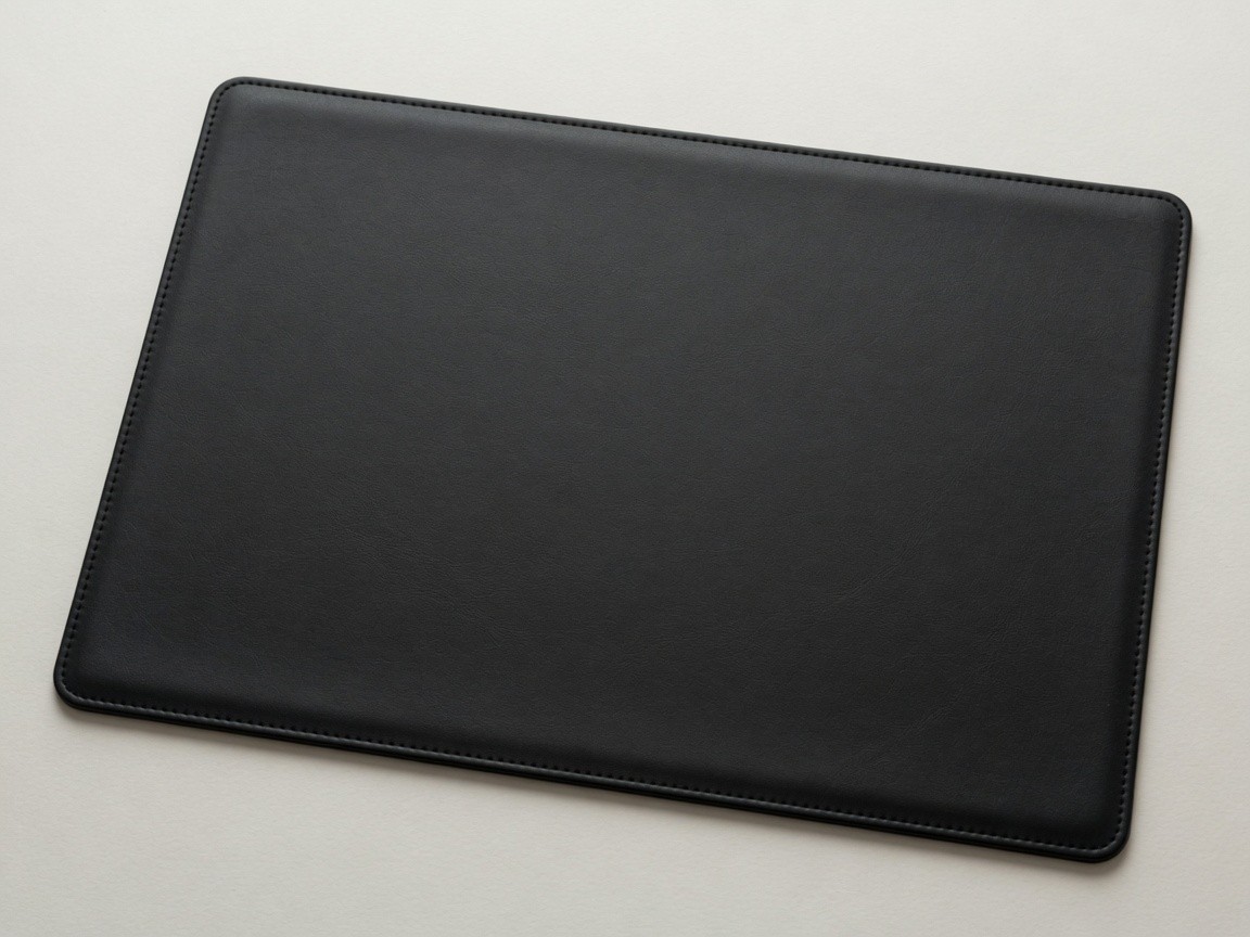 black rectangular pu leather desk pad, about two feet wide, lying flat