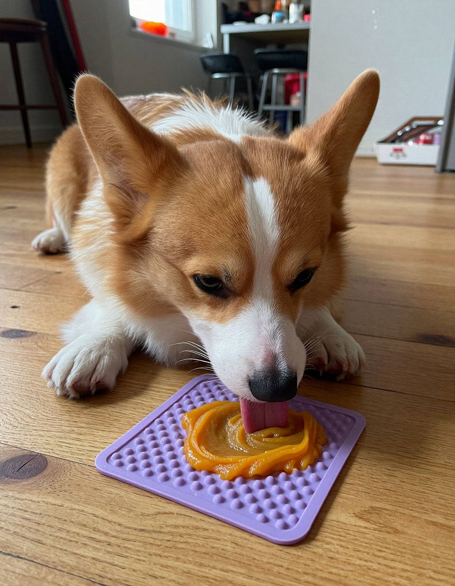 red and white corgi lying on a wood floor licking frozen pumpkin off a purple silicone lick mat