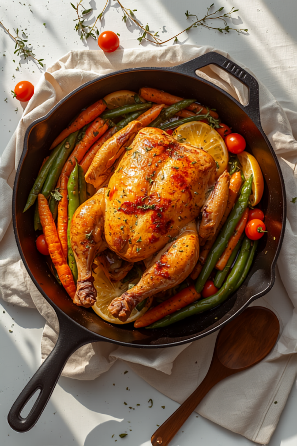 an overhead shot of a golden one-pan skillet dinner — seared chicken and charred zucchini with lemon, in a granite-look nonstick pan on a wood table in warm evening light
