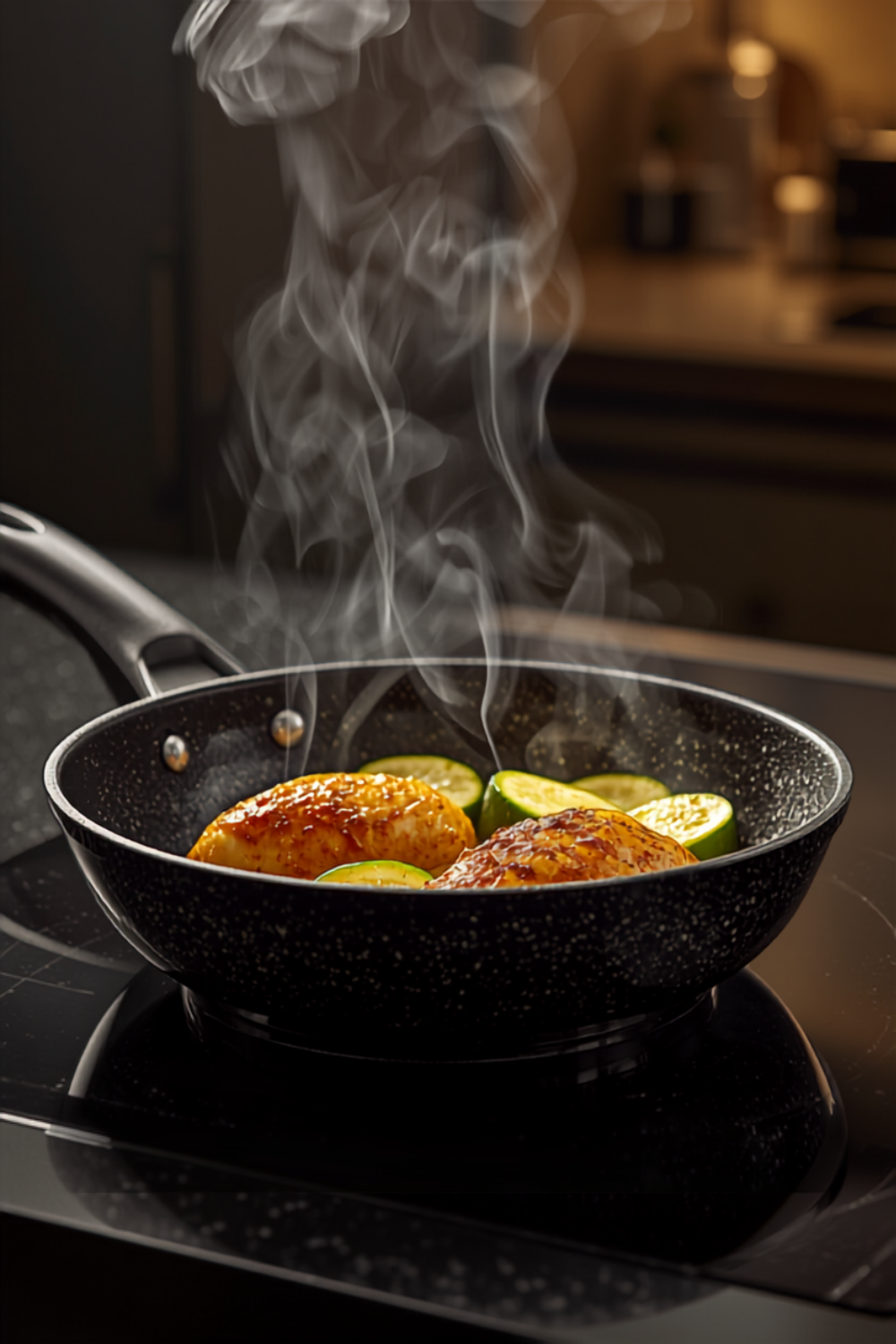 a granite-look nonstick 12-inch skillet with a tempered glass lid on a stovetop, sizzling chicken and vegetables inside
