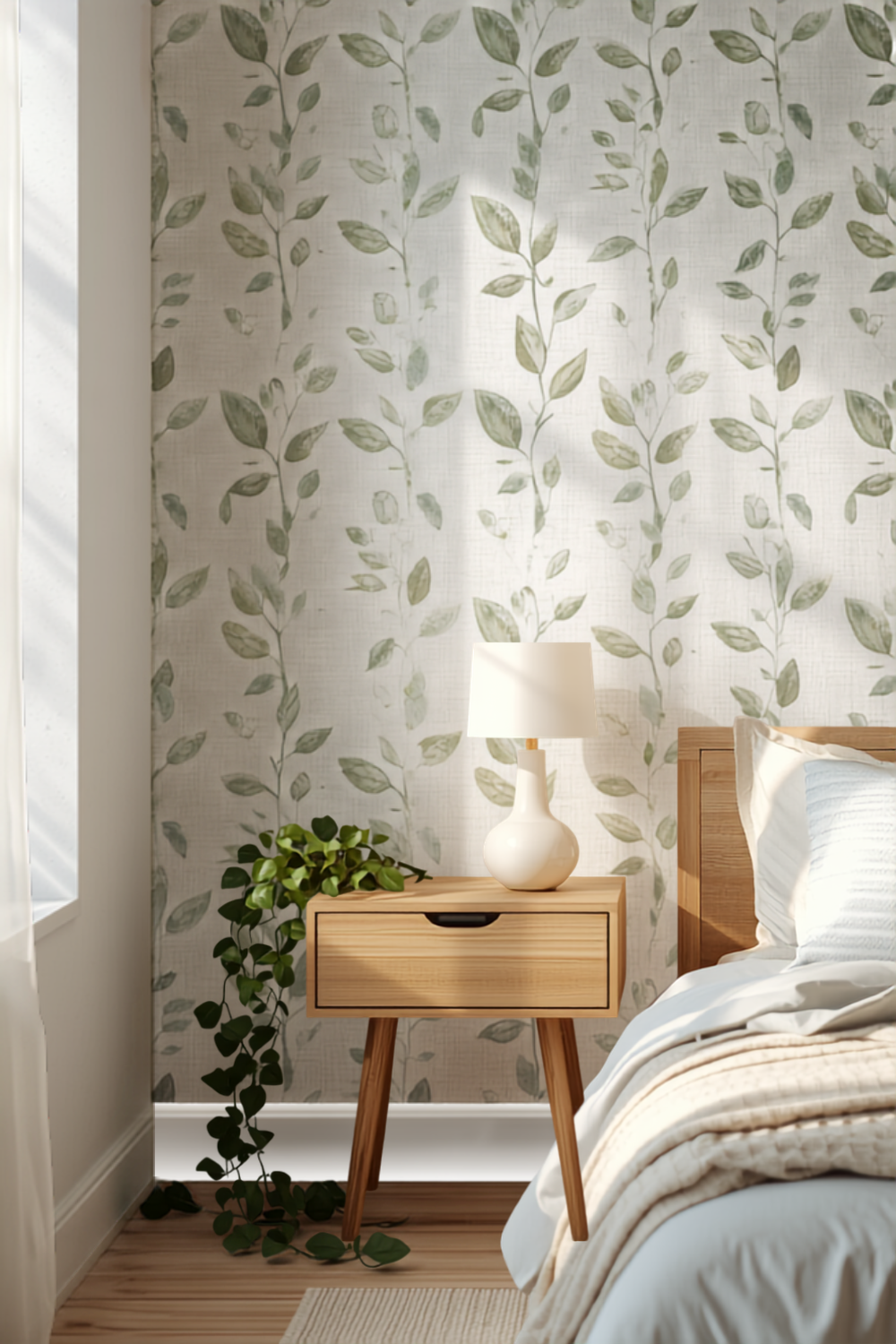 a cozy bedroom corner with a soft green and white botanical leaf peel-and-stick accent wall behind a bed, lit by a warm table lamp at dusk