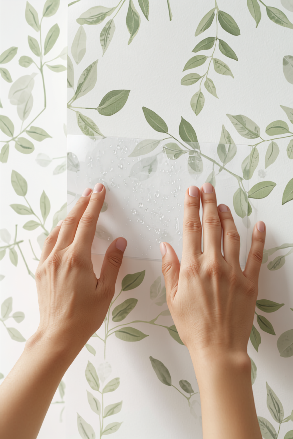 a hand smoothing a strip of soft green and white botanical leaf peel-and-stick wallpaper onto a wall, the gridded backing paper half-peeled away