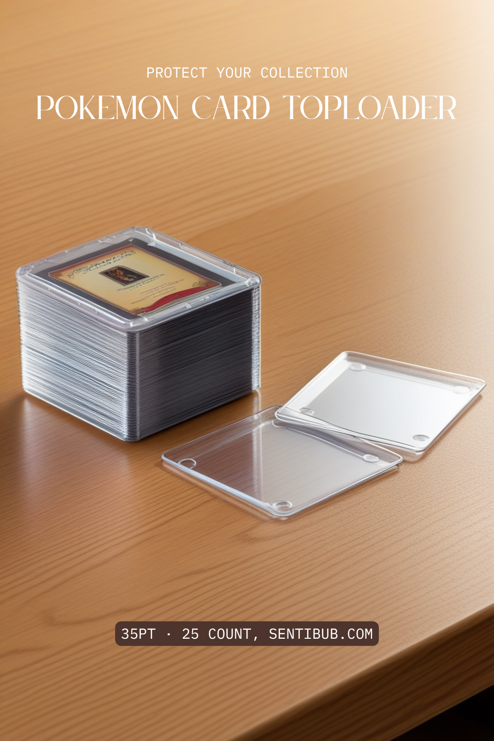 clear pokemon card toploaders stacked on a wood desk