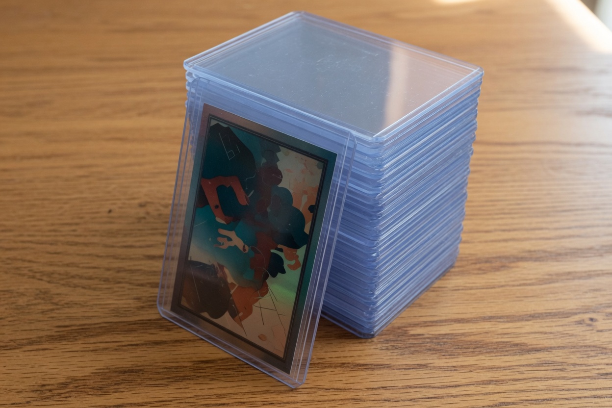 stack of clear rigid 3 by 4 pokemon card toploaders on a wood desk, one card in the front shell