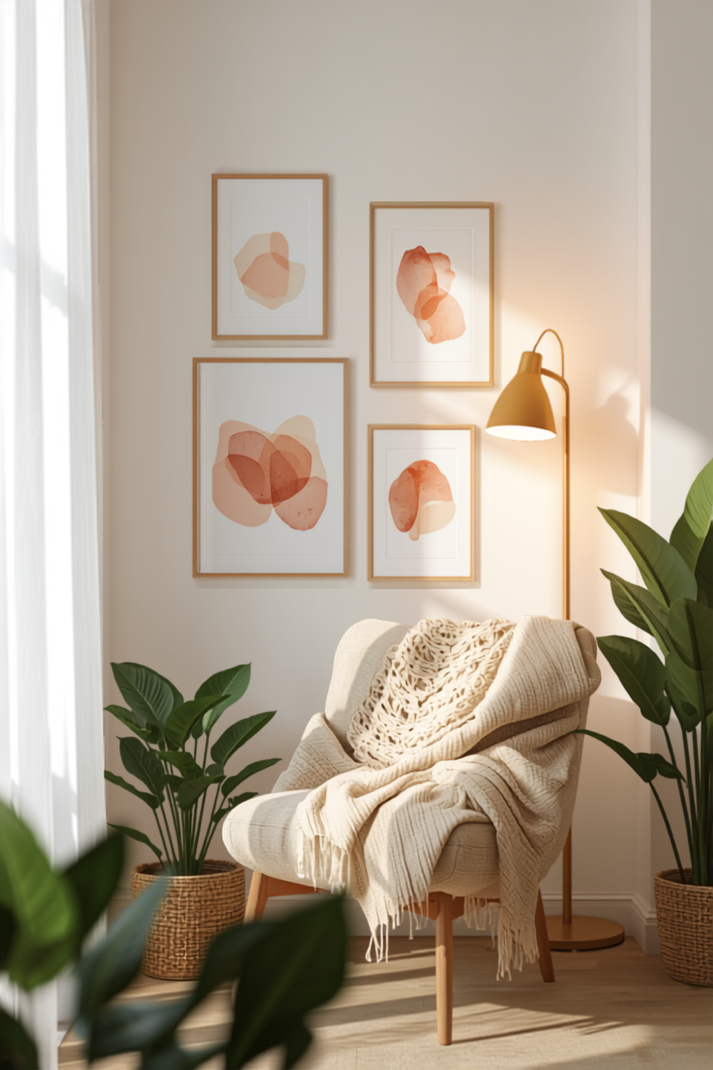 a bright living room corner in a rental — a large framed print leaning against the wall, a warm floor lamp, a layered throw over a chair and trailing plants
