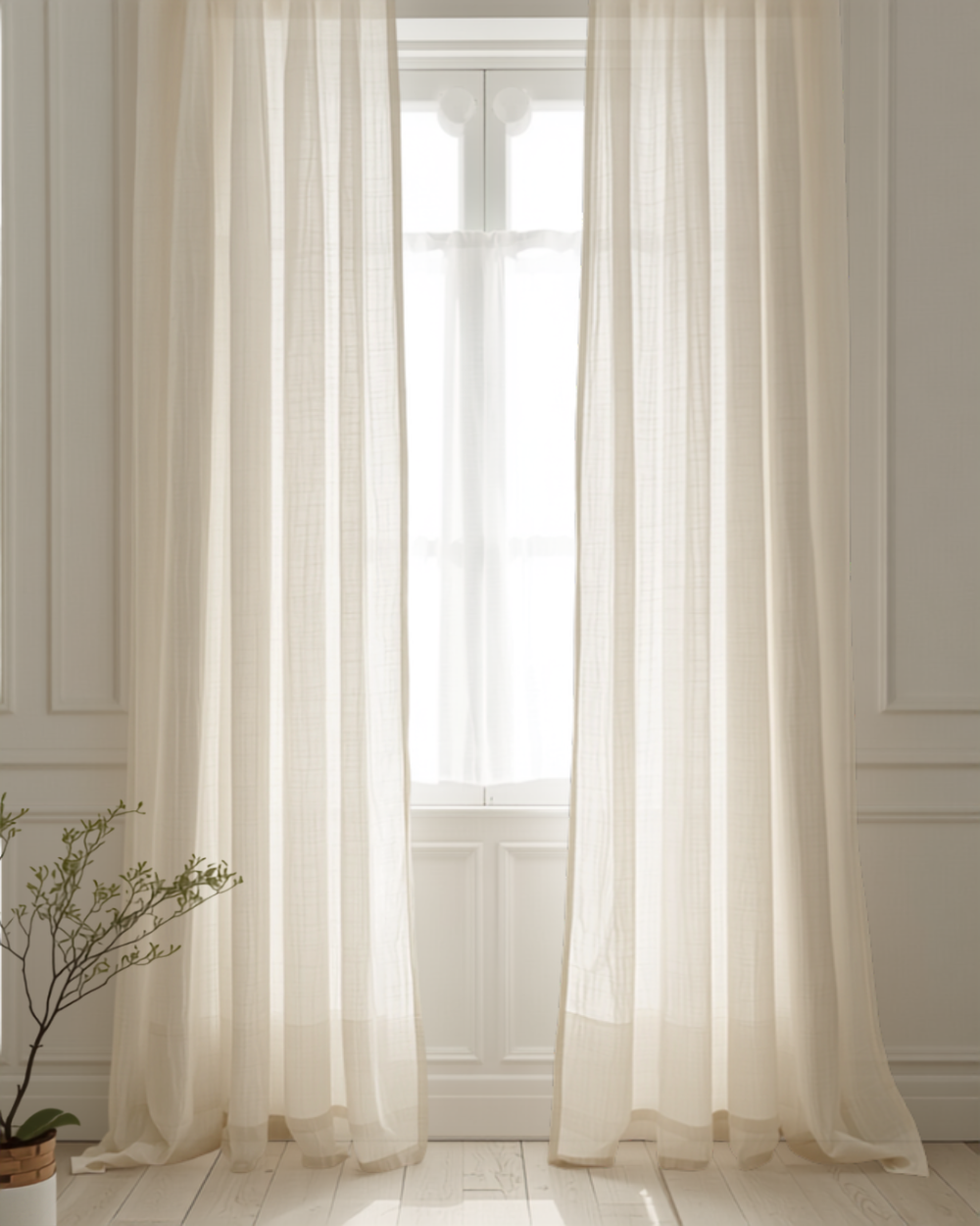 airy cream linen semi-sheer curtains hung floor to ceiling beside a sunny window, softly filtering daylight in a cozy neutral room