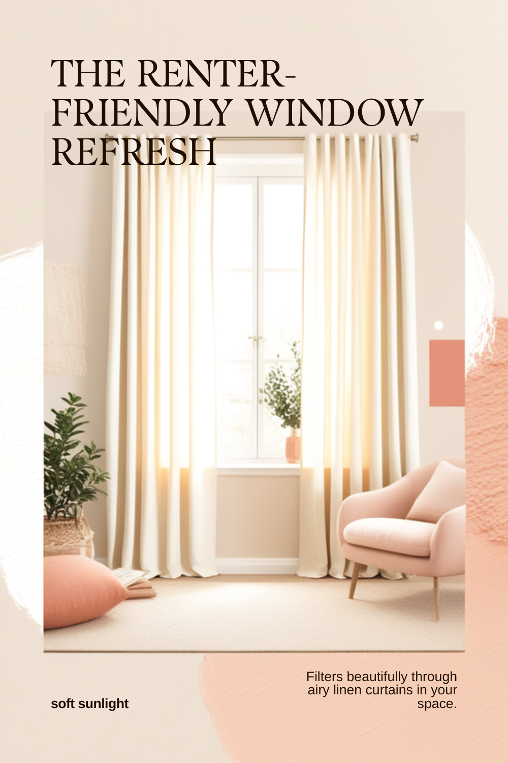 a bright window dressed with airy cream linen curtains filtering warm sunlight in a cozy room