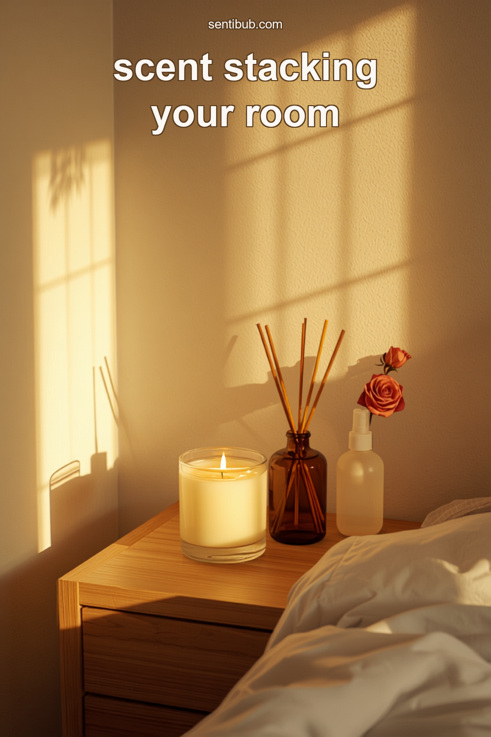 a lit cream candle, an amber reed diffuser and a frosted room spray bottle on a wooden nightstand in golden light