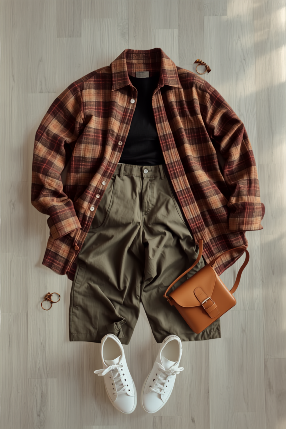 an oversized brown plaid shacket laid open over a fitted black top, olive wide-leg cargo pants and white sneakers in warm afternoon light