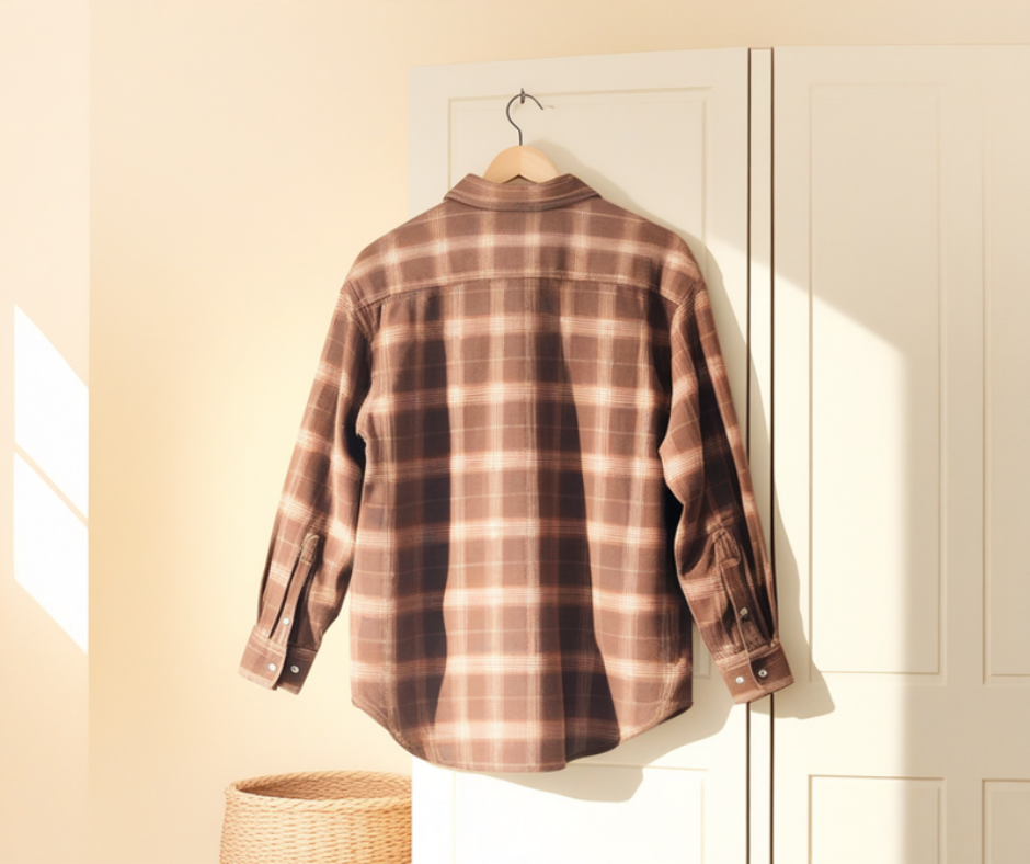 an oversized brown plaid flannel shacket on a wooden hanger hooked over a closet door edge, sleeves hanging down, the curved shirttail hem catching warm window light