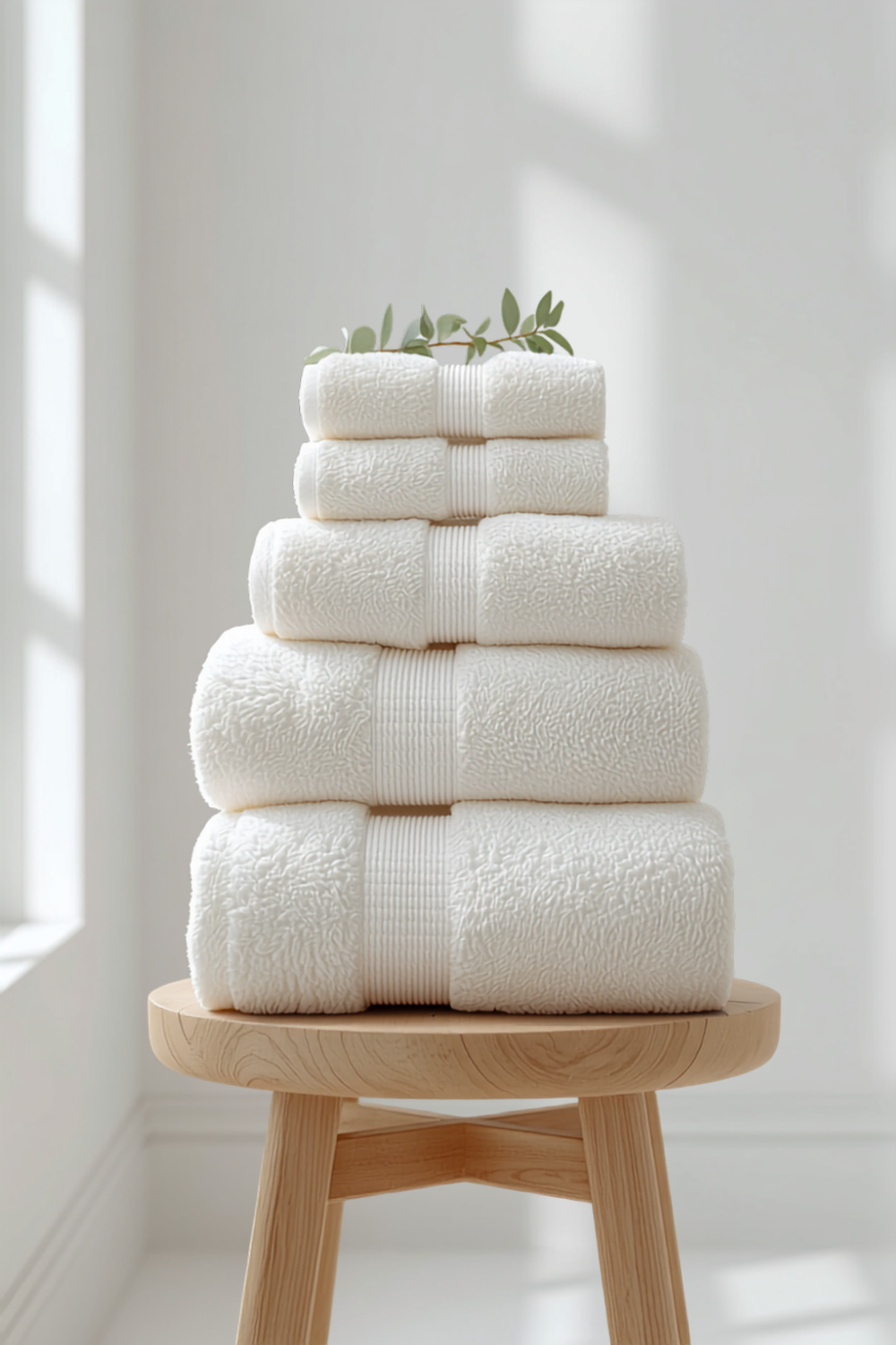 a neat stack of plush white cotton bath sheets, rolled and folded, on a light wood stool in an airy sunlit bathroom