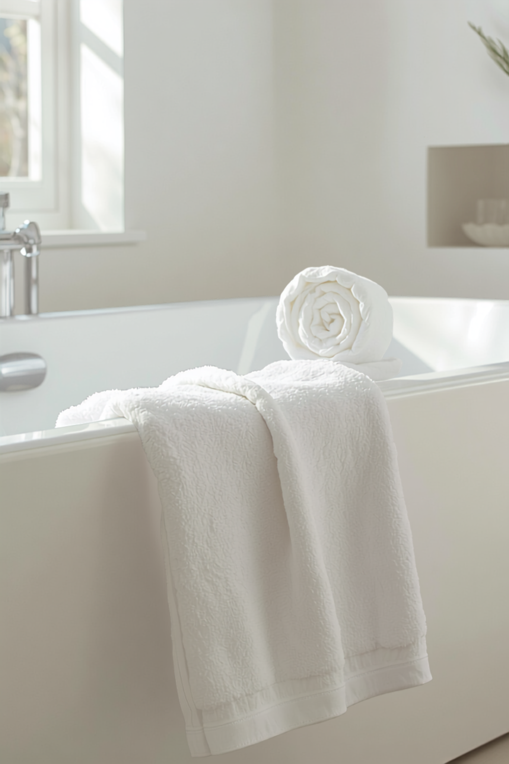 an oversized plush white cotton bath sheet hanging fully open on a wall hook beside a sunny bathroom window, thick and generously sized